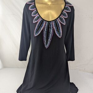 Faith Elegant Black Tunic Featuring a Vibrant, Beaded Neckline Large